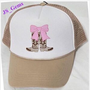 New Trucker Hat Cowboy Boots Pink Bow Tan & White